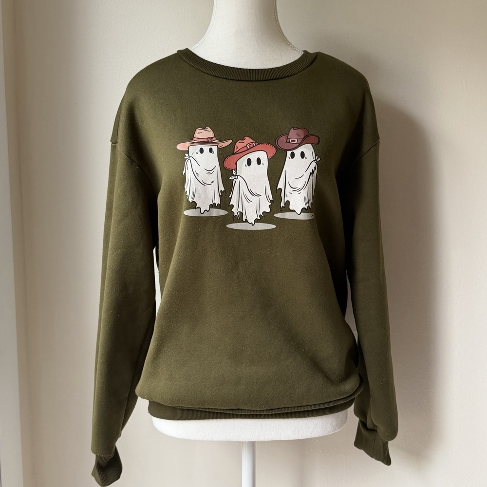 Halloween Crew Neck Sweatshirt XS Green Ghosts Cowgirls Costume